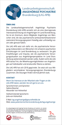 Bild vom Flyer der Landesarbeitsgemeinschaft Angehörige Psychiatrie Brandenburg Bild vom Flyer der Landesarbeitsgemeinschaft Angehörige Psychiatrie Brandenburg